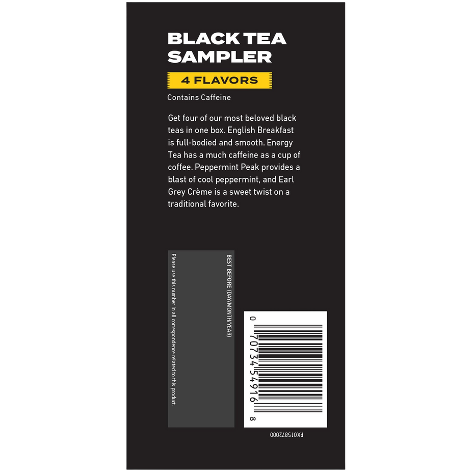 Black Tea Sampler - English Breakfast, Energy Tea, Peppermint Peak, Earl Grey Crème (15 Tea Bags)