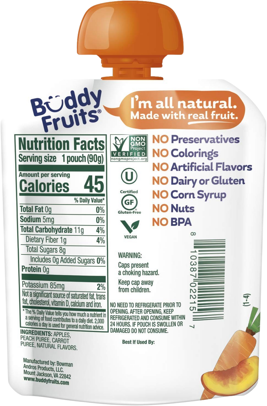 Peach Carrot Apple Fruit Pouch (4 Pack)
