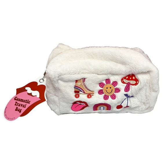 Retro Embroid Faux Fur Cosmetic Bag