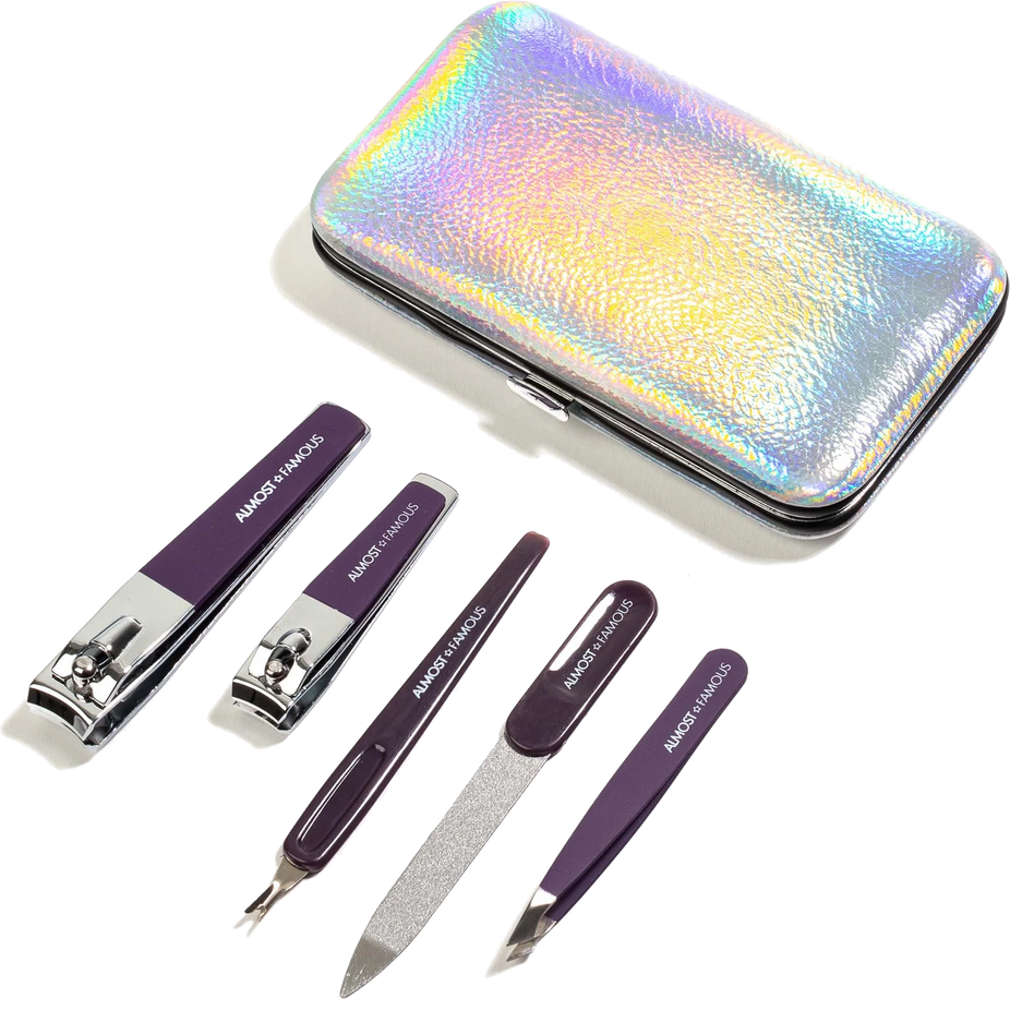 5 Piece Manicure Kit with Holographic Travel Case - Silver