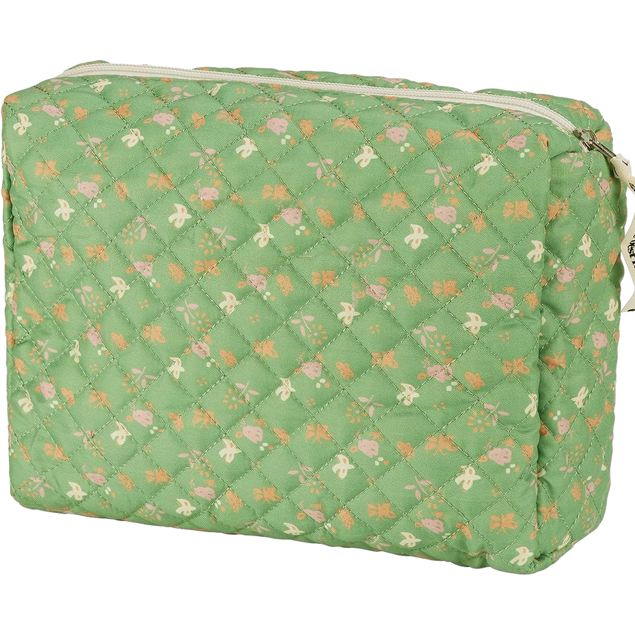 Quilted Green Floral Cosmetic Bag
