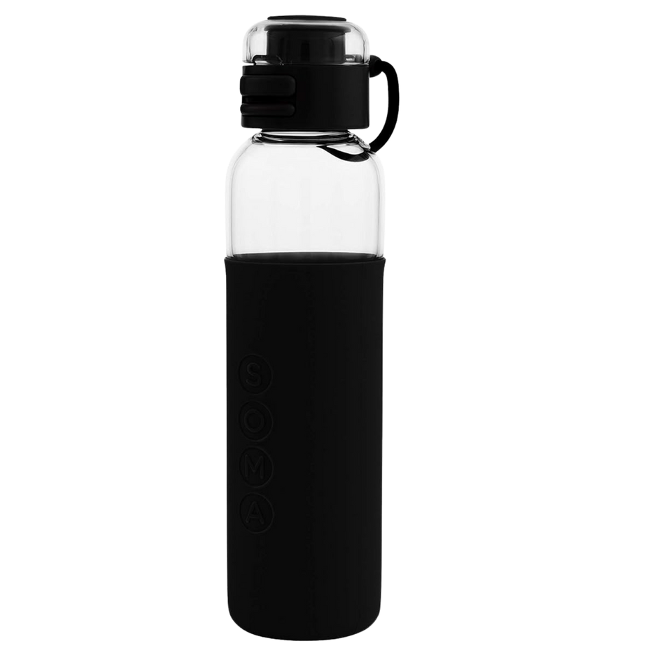 17oz Glass Water Bottle With Silicone Sleeve, Sport Cap - Black