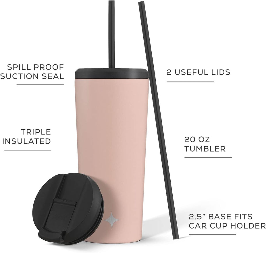 Vacuum Insulated Tumbler with Straw & Flip Lids (Pink) 20oz