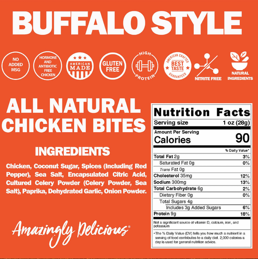 Buffalo Style Chicken Jerky Bites (Large Pack) - Low Carb, Healthy High Protein