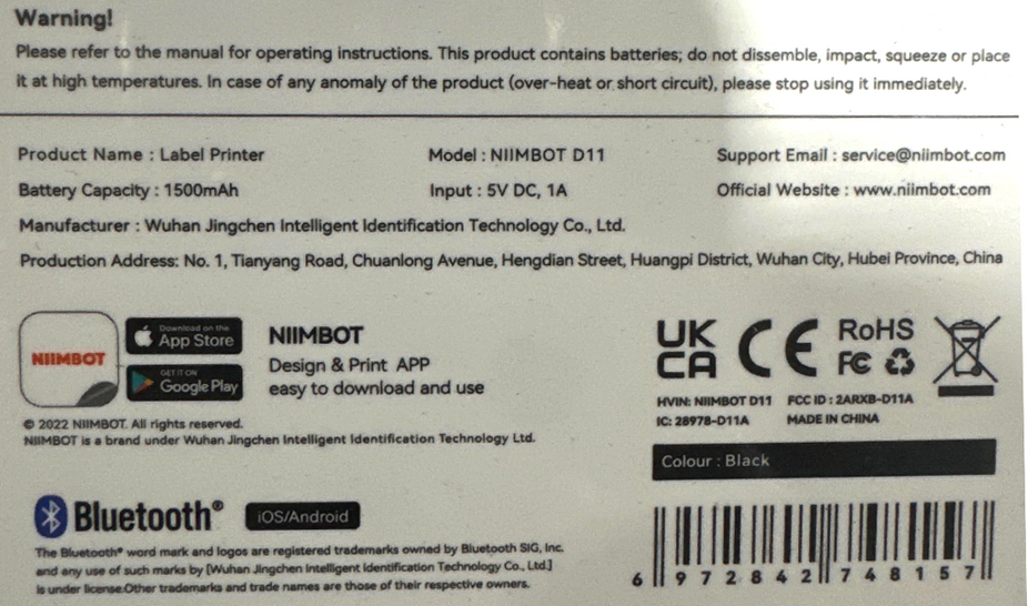D11 Label Maker Printer - Black