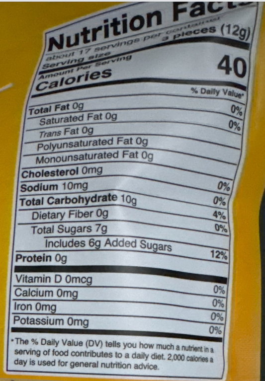 Nutrition Information - Peelable Gummies - Mango