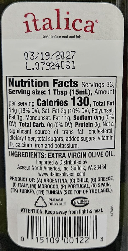 Nutrition Information - Extra Virgin Olive Oil - First Cold Press