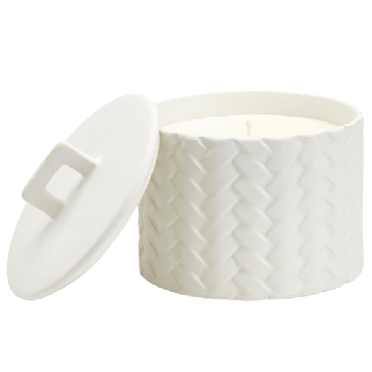 24oz White Basket Weave Filled Candle with Fig Scent - 60 hrs