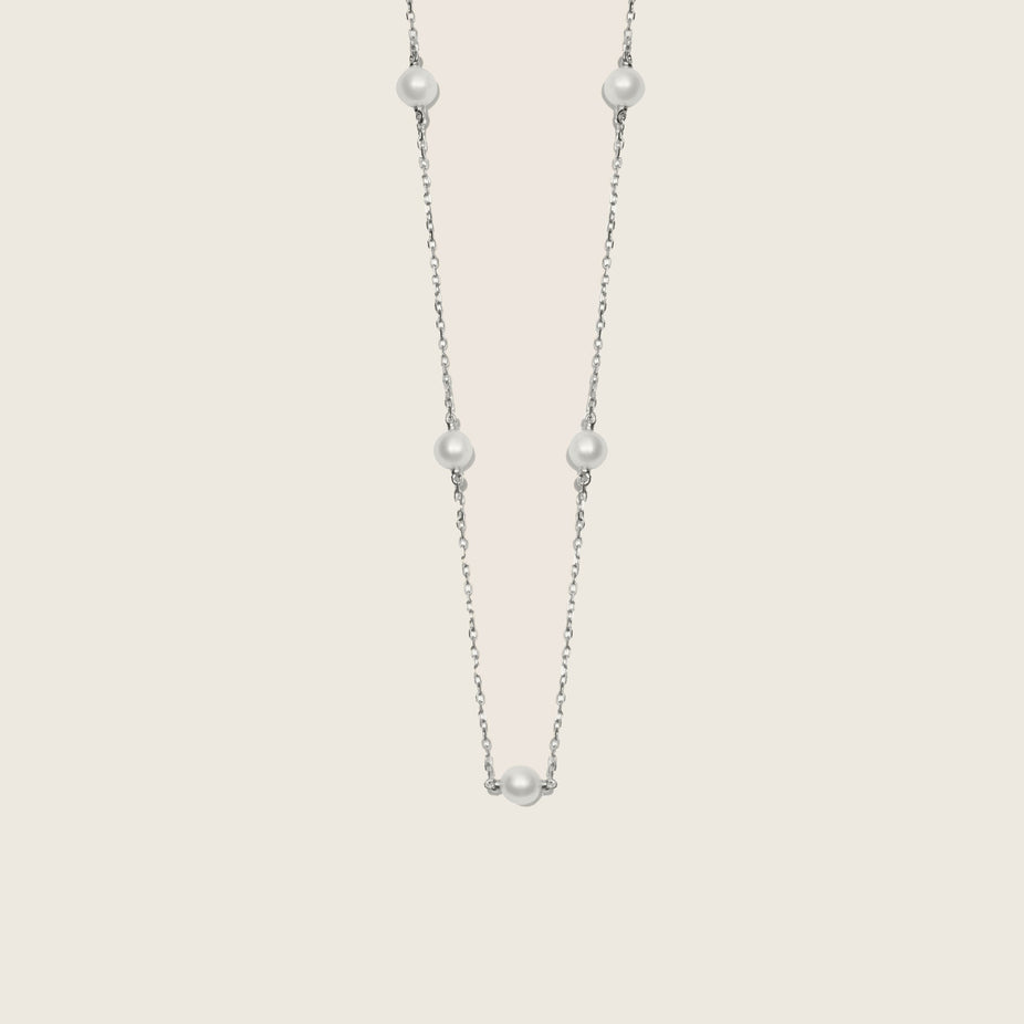 14k Solid Gold Petite Cultured Pearl Station Necklace