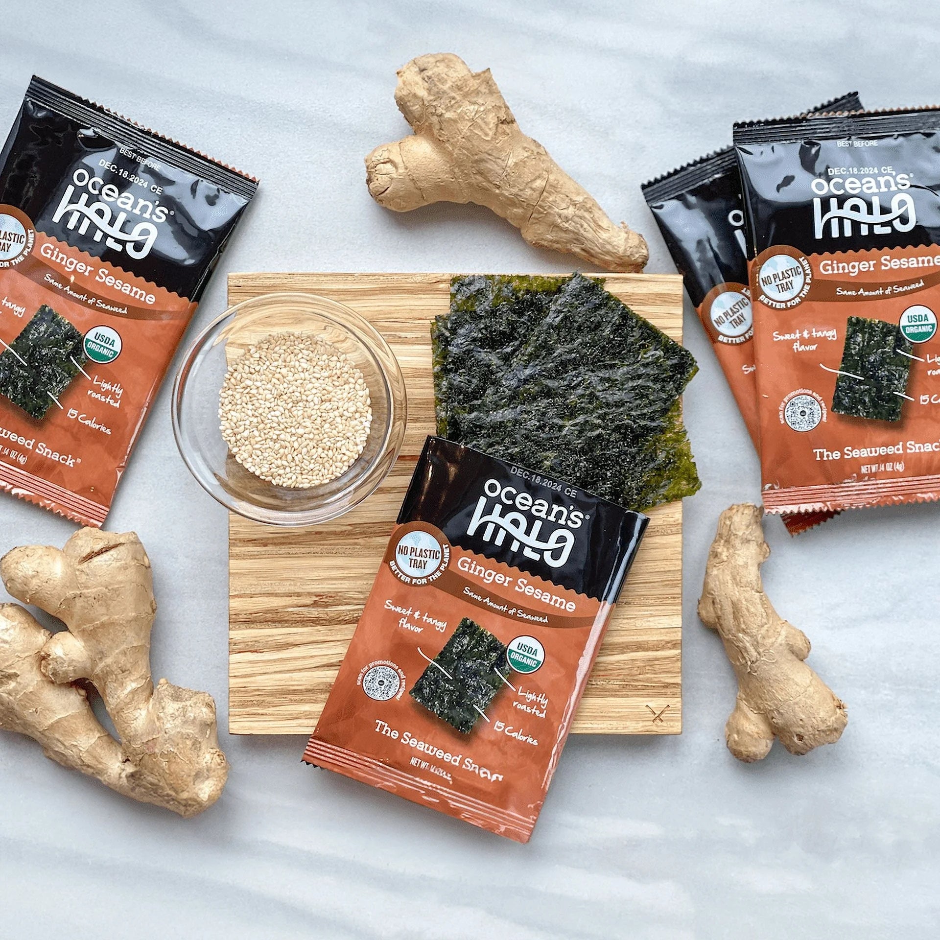Ocean's Halo Organic Ginger Sesame Trayless Seaweed Snacks (5 Pack