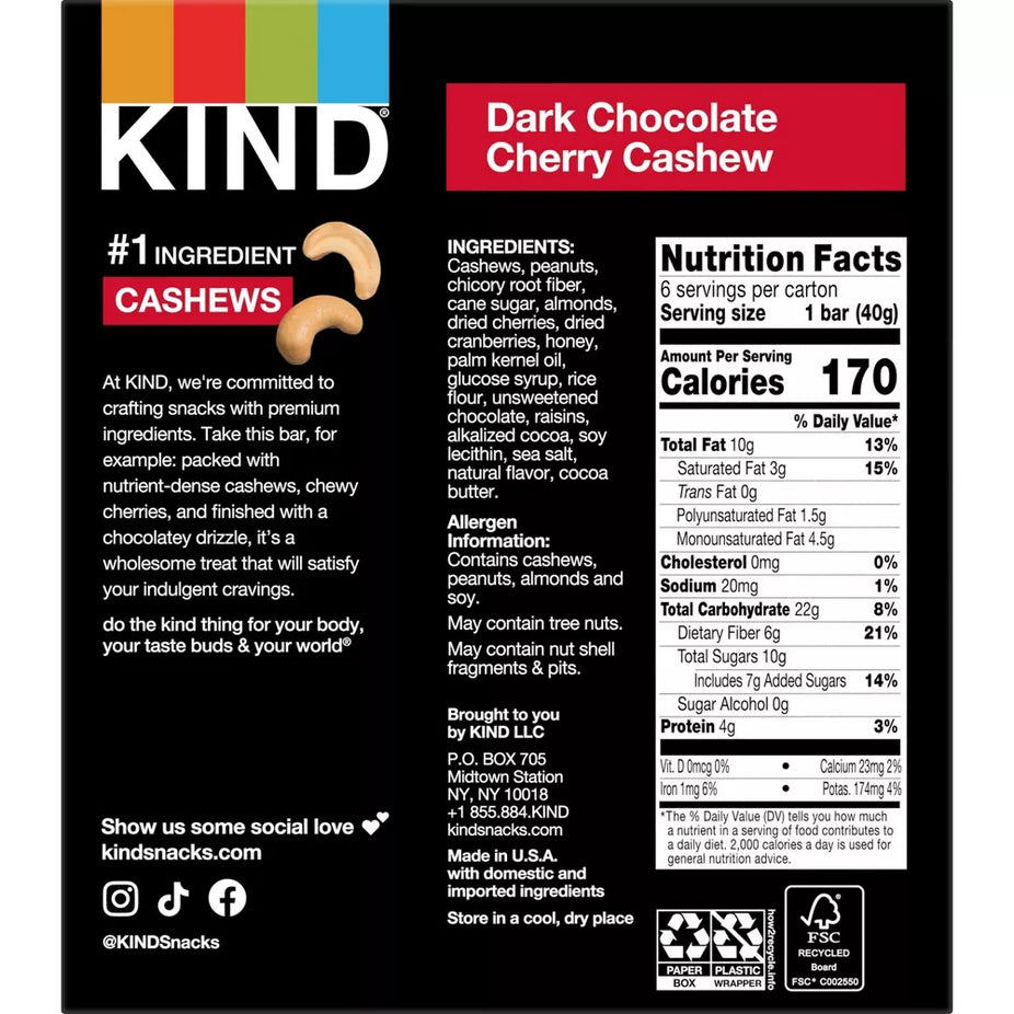 Dark Chocolate Cherry Cashew Bar (6 CT)