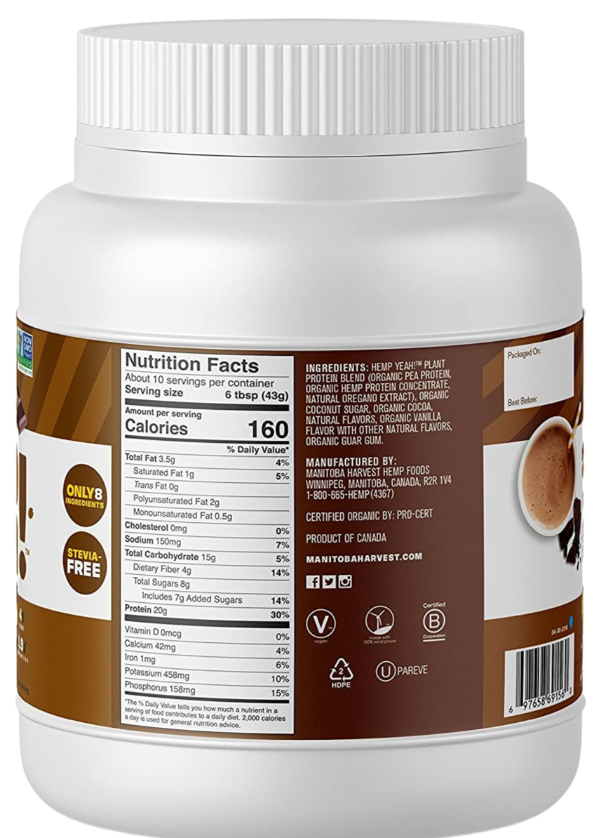 Manitoba Harvest Hemp Yeah! Organic Chocolate Plant Protein Powder Martie