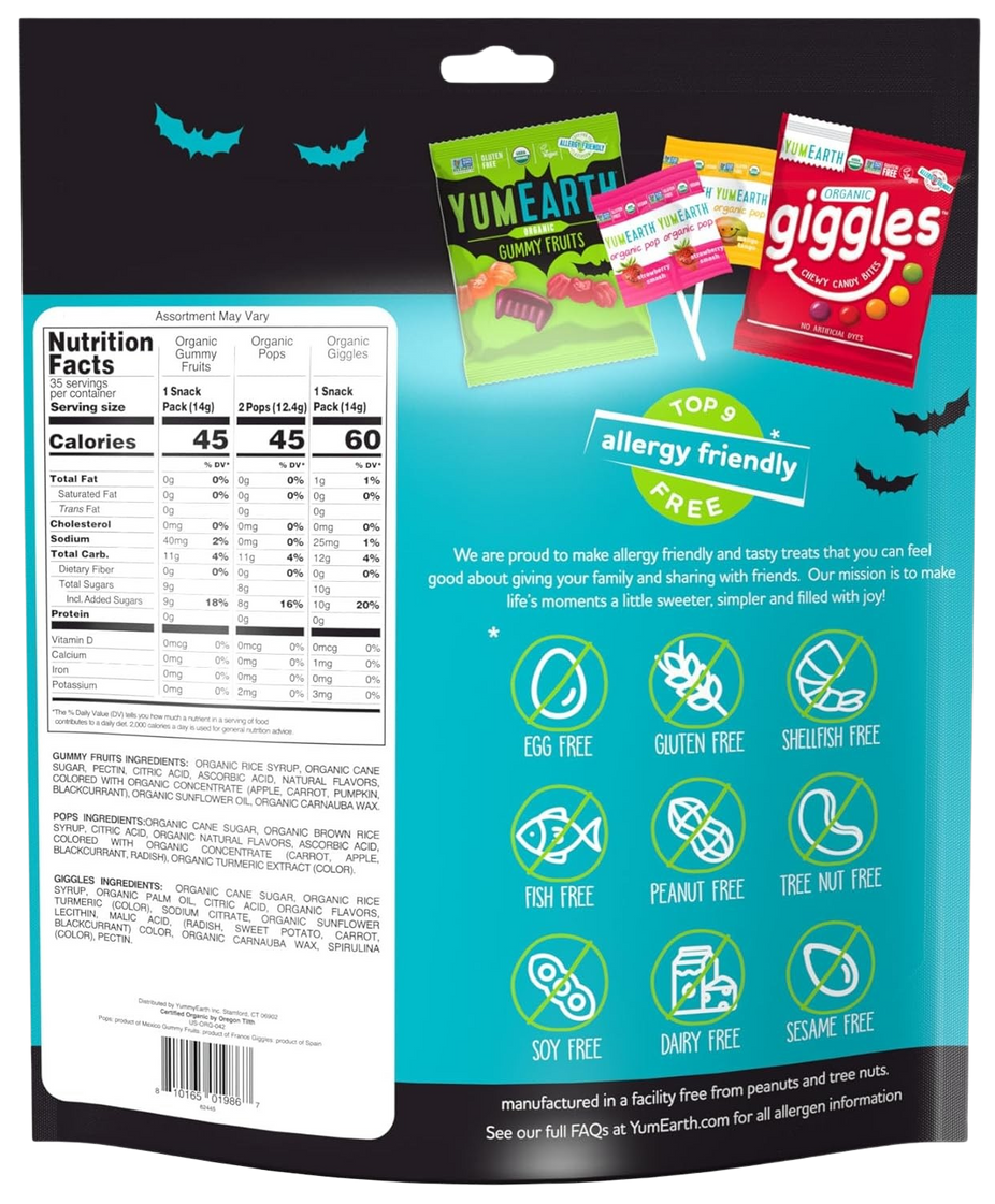 Organic Halloween Candies Variety Pack (Gummy Fruits, Lollipops, And Giggles) (50 CT)