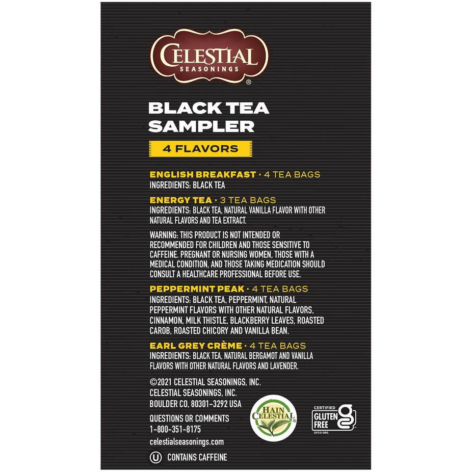 Black Tea Sampler - English Breakfast, Energy Tea, Peppermint Peak, Earl Grey Crème (15 Tea Bags)