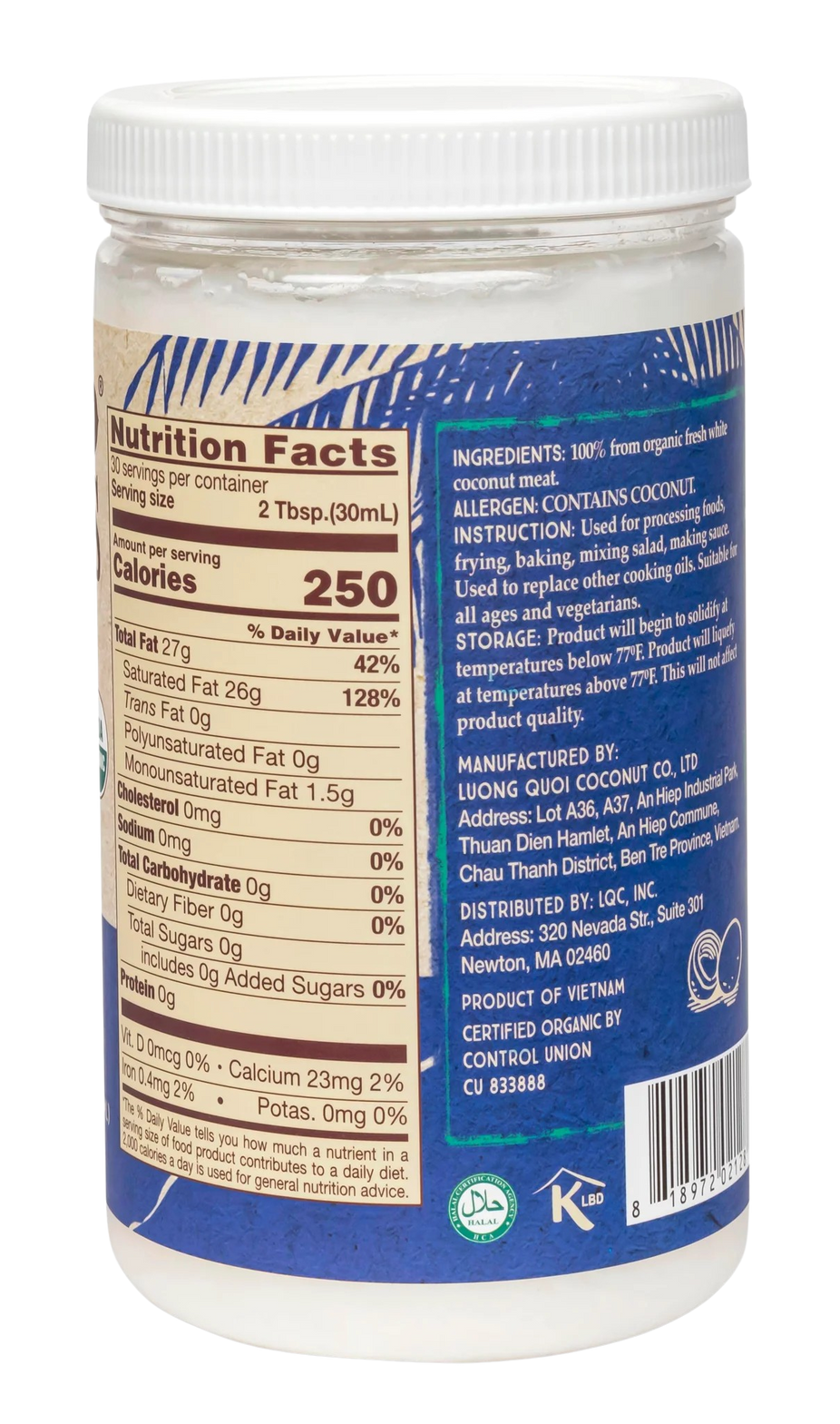 Organic Virgin Coconut Oil - 30 oz Cold Pressed