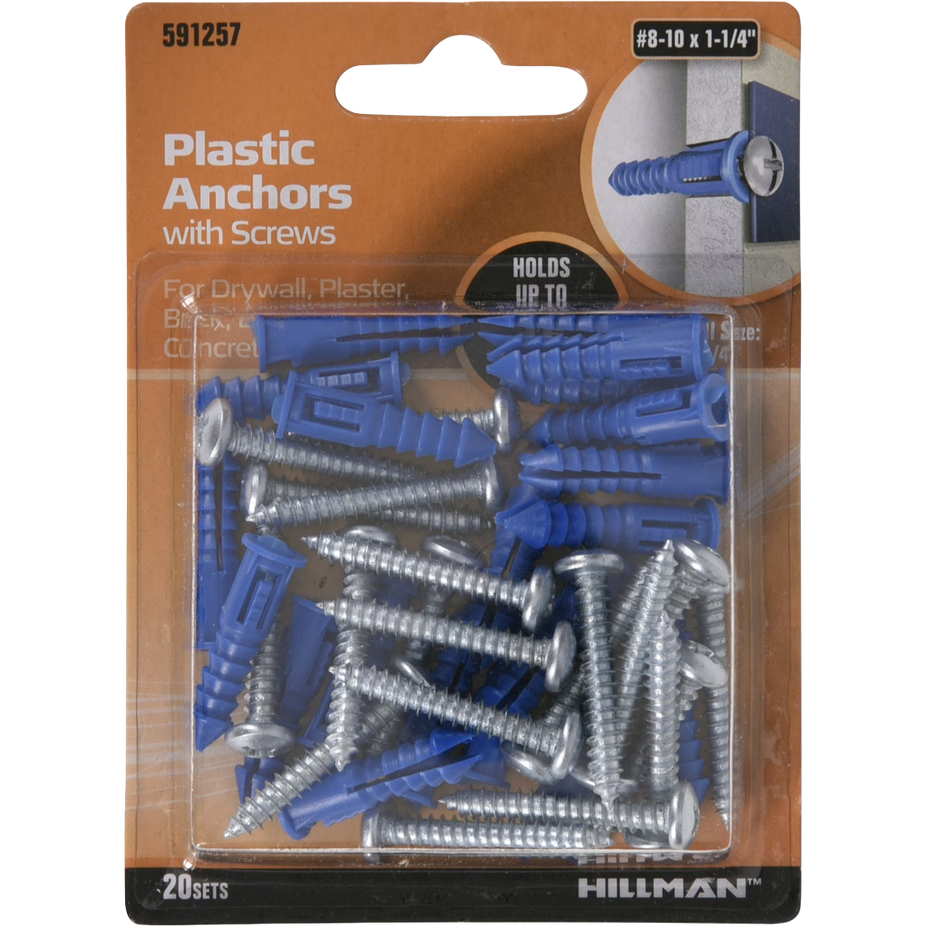 Plastic Anchors With Screws #8-10x1-1/4, (20 CT)