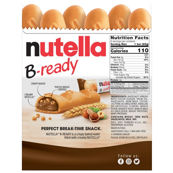 B-Ready Wafer Bars filled with Nutella (6 CT)