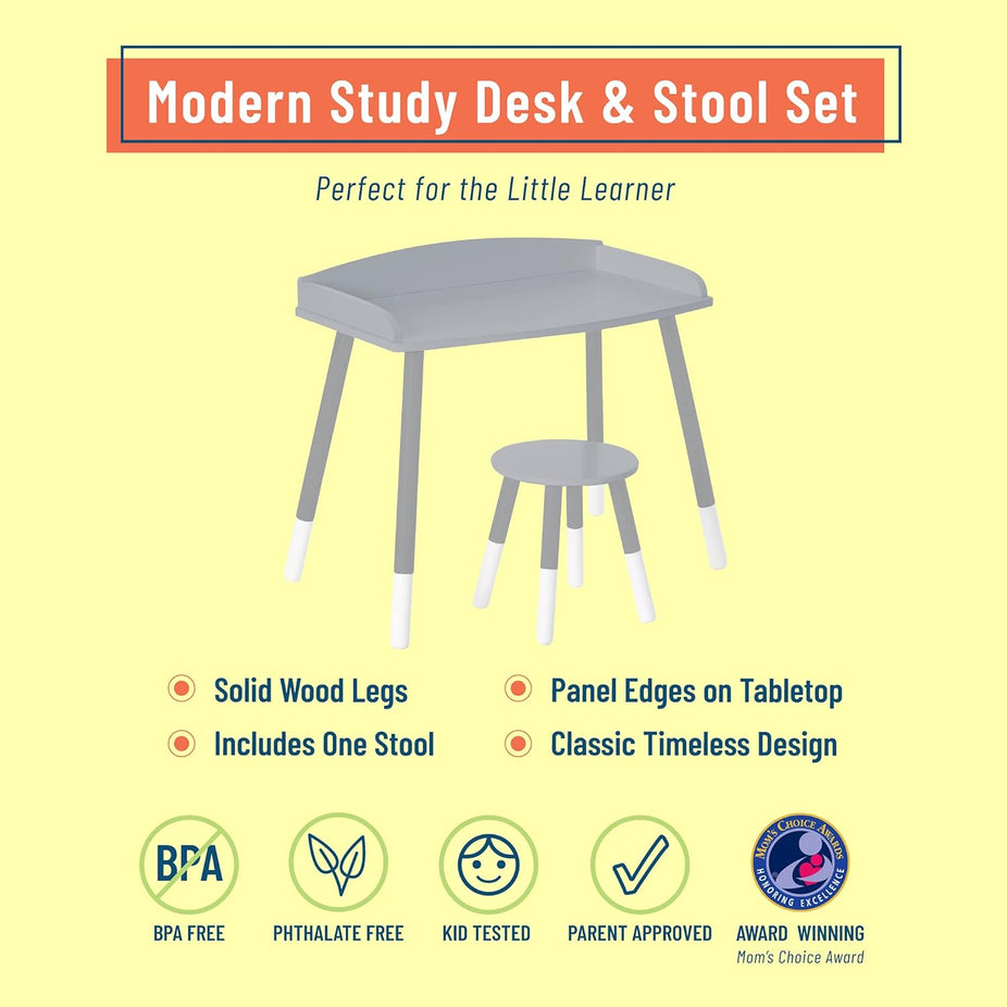Modern Study Desk And Stool Set - Grey/White