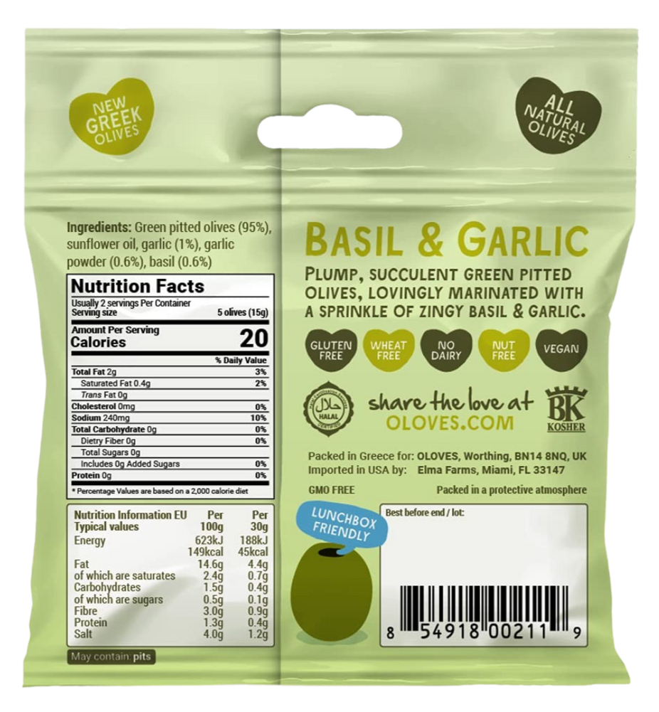 Basil & Garlic Green Pitted Olives (10 Pack)