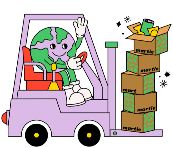 Martie globe mascot driving a forklift of Martie boxes