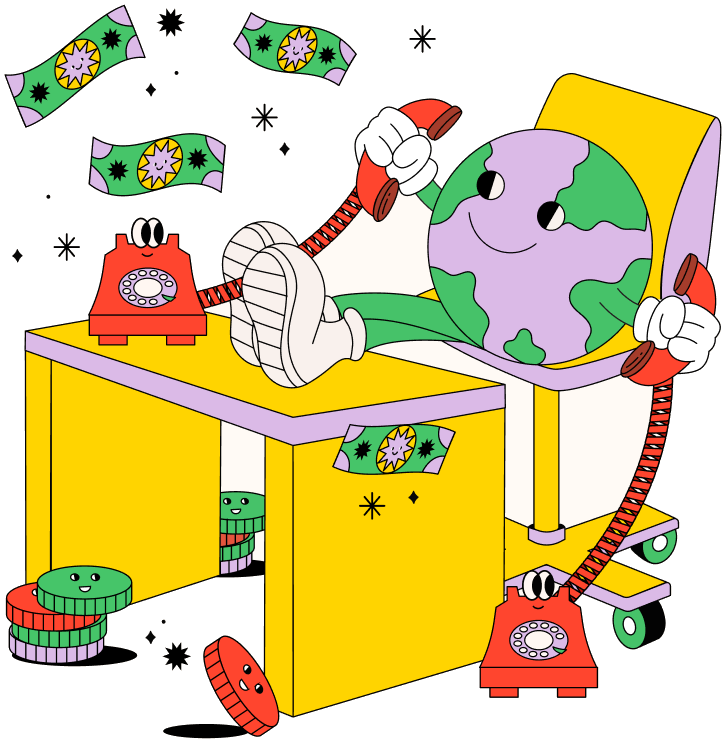 The Martie globe character answering phones at a desk